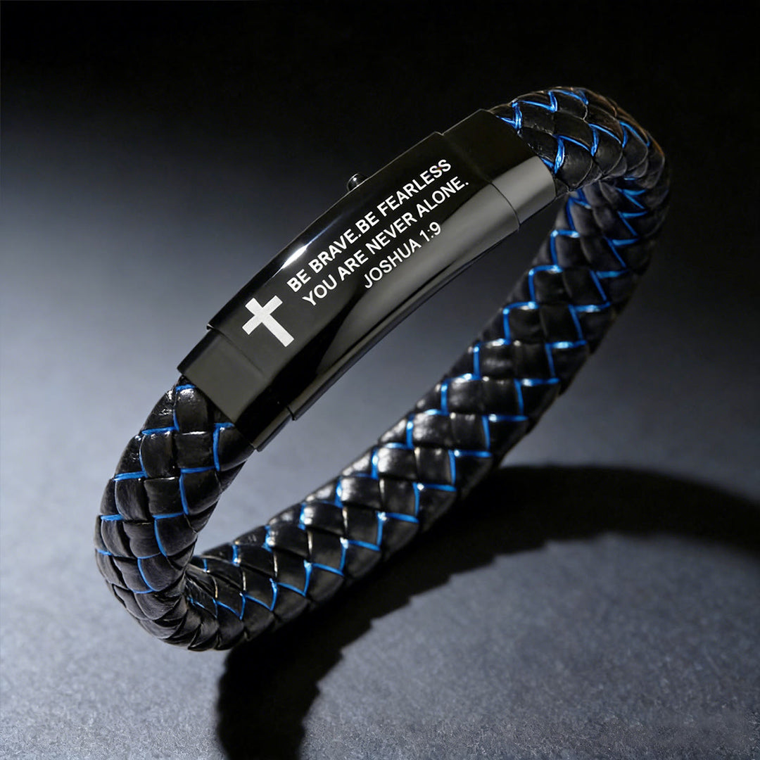 Christianartworkshop Joshua 1:9 Woven Leather Cross Bracelet: Bold Courage for Daily Wear - Black & Blue - image 5
