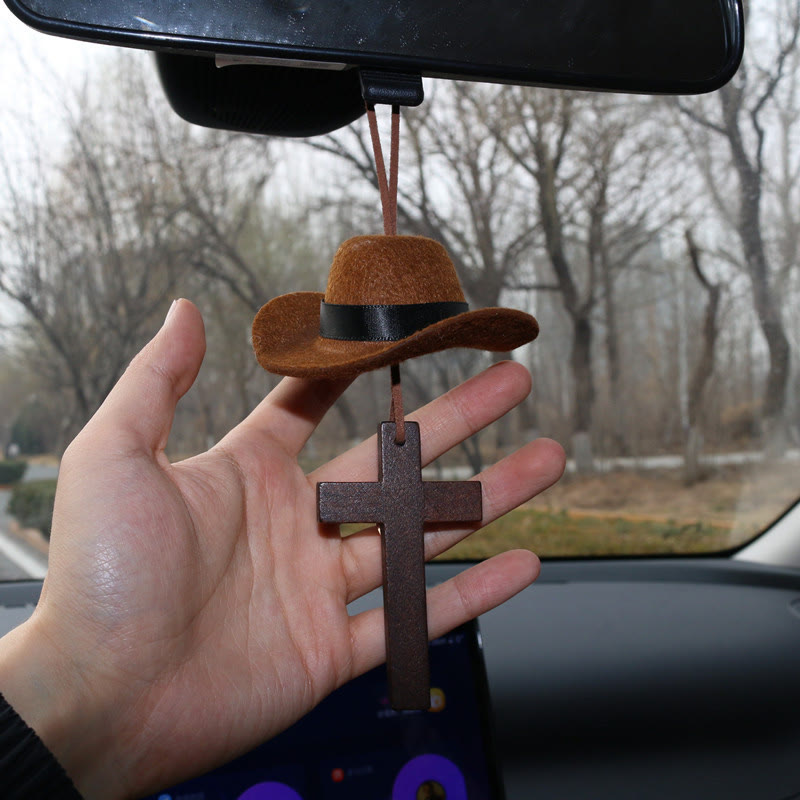 Christianartworkshop Cowboy Hat & Cross Car Pendant: Steadfast Faith for the Open Road - Wood Cross - Brown - image 0