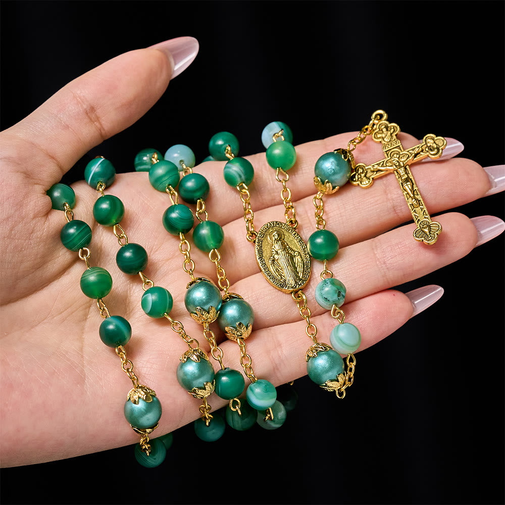 Christian Art Miraculous Medal & Crucifix of 6 mm Round Green Crystal Alloy Chain Rosary - image 1