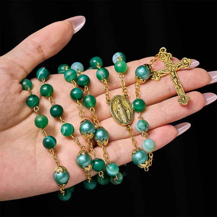 Christian Art Miraculous Medal & Crucifix of 6 mm Round Green Crystal Alloy Chain Rosary - image 1