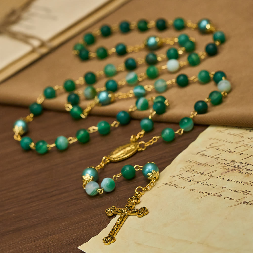 Christian Art Miraculous Medal & Crucifix of 6 mm Round Green Crystal Alloy Chain Rosary - image 3