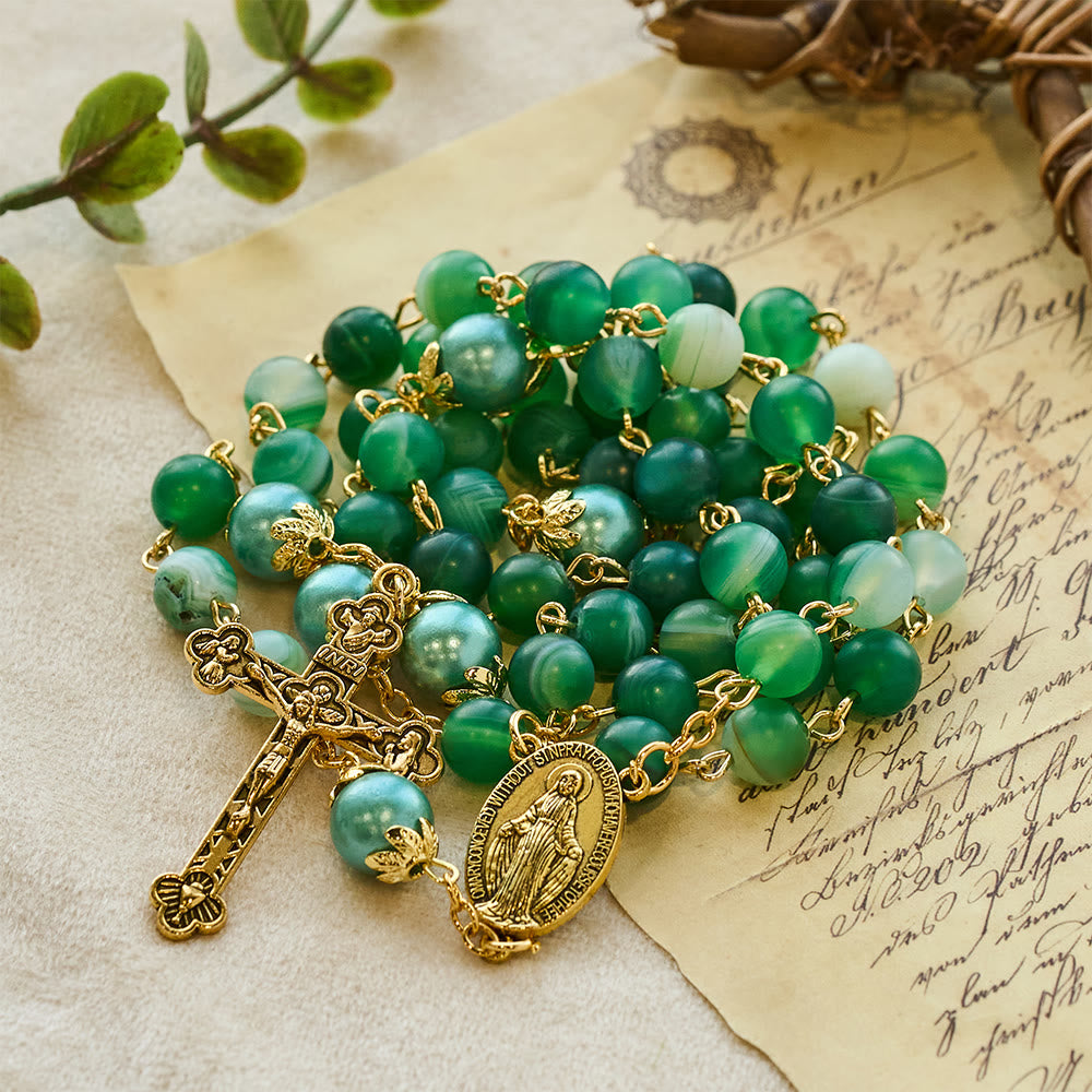 Christian Art Miraculous Medal & Crucifix of 6 mm Round Green Crystal Alloy Chain Rosary - Green - image 0