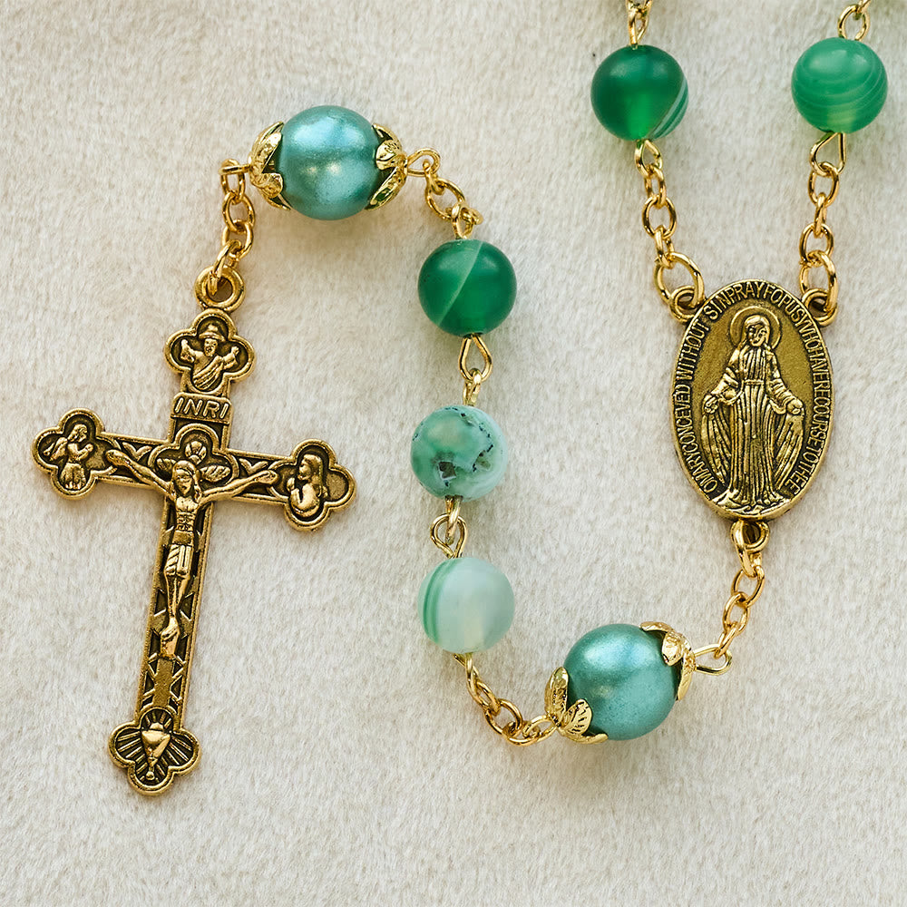 Christian Art Miraculous Medal & Crucifix of 6 mm Round Green Crystal Alloy Chain Rosary - image 5