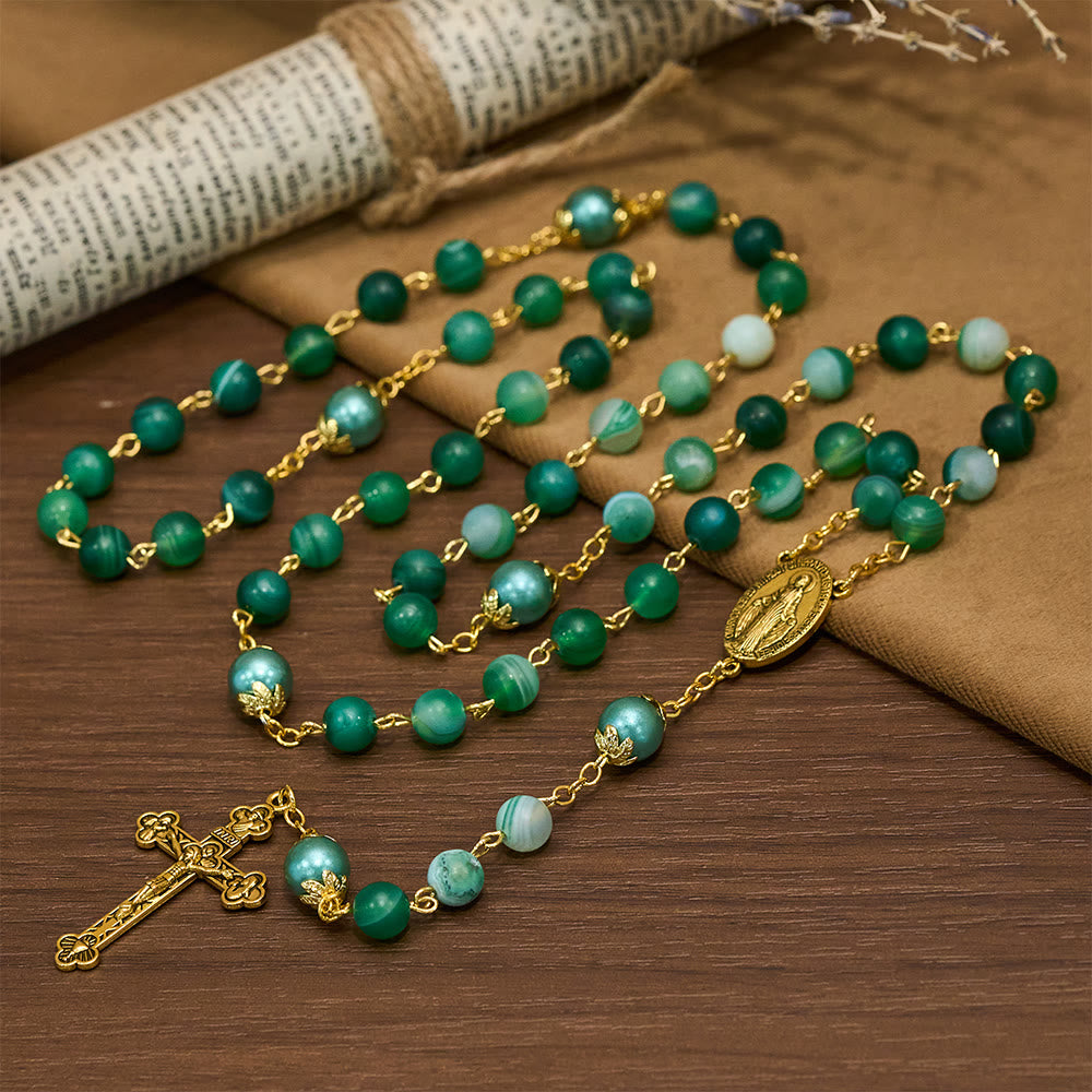 Christian Art Miraculous Medal & Crucifix of 6 mm Round Green Crystal Alloy Chain Rosary - image 7