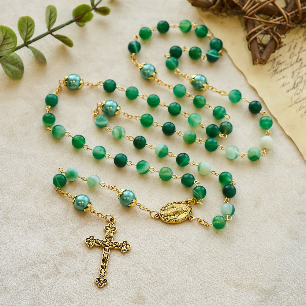 Christian Art Miraculous Medal & Crucifix of 6 mm Round Green Crystal Alloy Chain Rosary - image 2