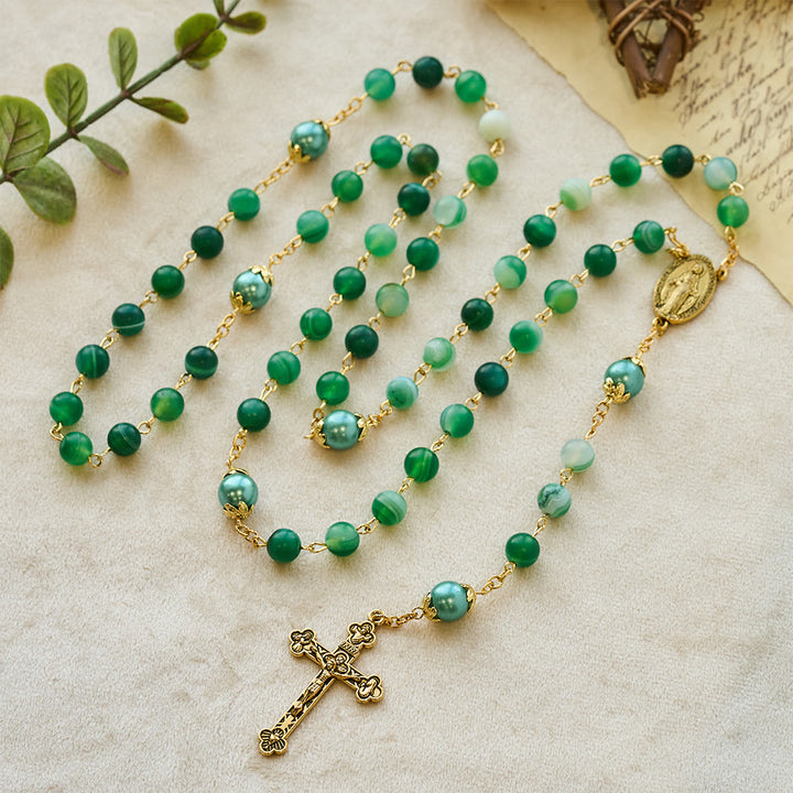 Christian Art Miraculous Medal & Crucifix of 6 mm Round Green Crystal Alloy Chain Rosary - image 4