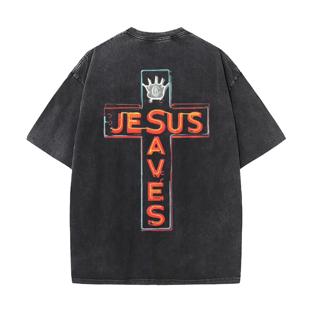 Christianartworkshop Jesus Saves Cross Graphic Unisex Washed T-Shirt - Black - 5XL - image 3