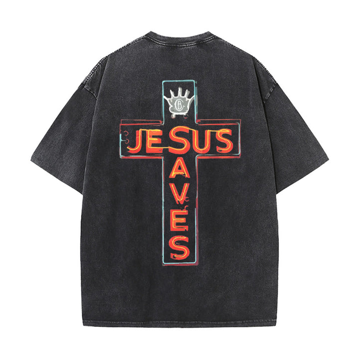 Christianartworkshop Jesus Saves Cross Graphic Unisex Washed T-Shirt - Black - 5XL - image 2