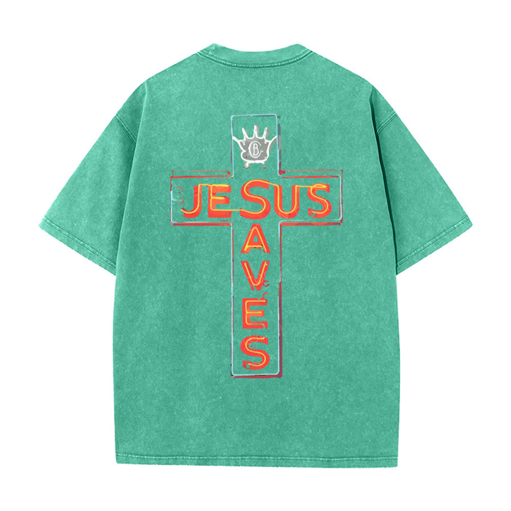 Christianartworkshop Jesus Saves Cross Graphic Unisex Washed T-Shirt - Green - 5XL - image 12