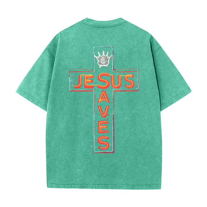 Christianartworkshop Jesus Saves Cross Graphic Unisex Washed T-Shirt - Green - 5XL - image 13