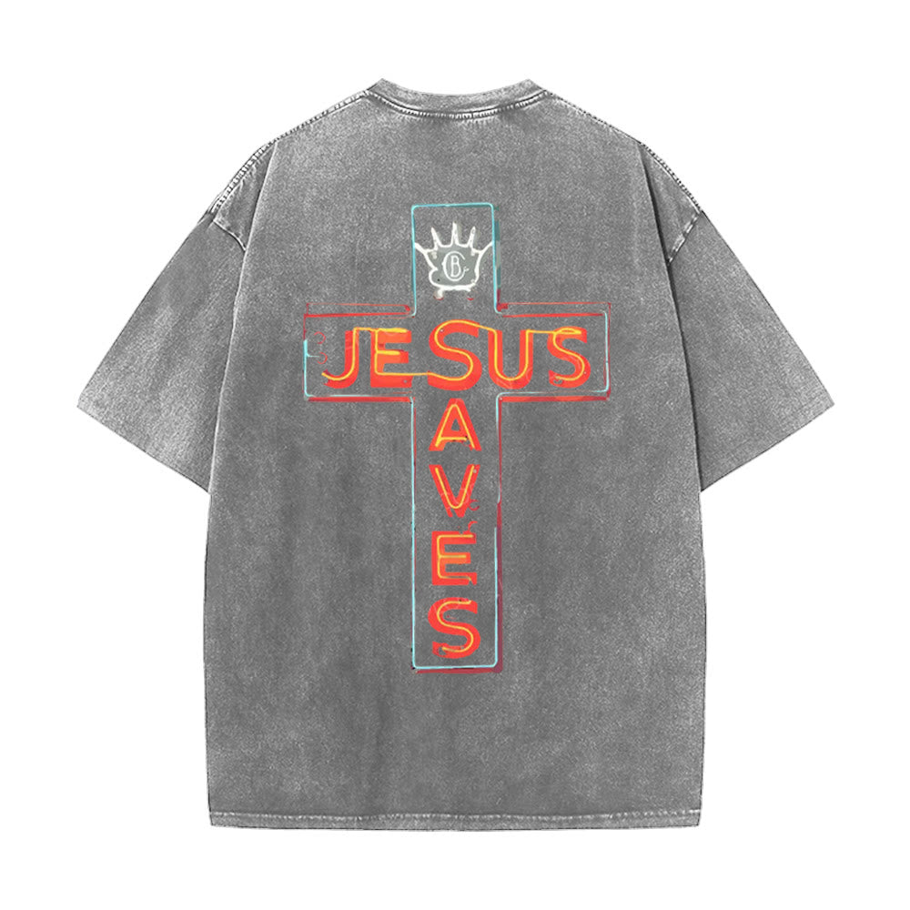 Christianartworkshop Jesus Saves Cross Graphic Unisex Washed T-Shirt - Grey - 5XL - image 7