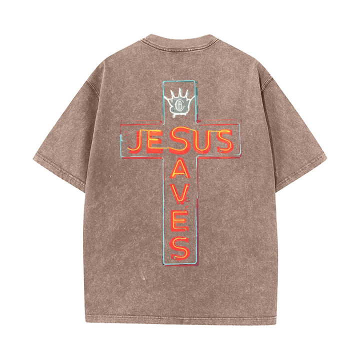 Christianartworkshop Jesus Saves Cross Graphic Unisex Washed T-Shirt - Brown - 5XL - image 9