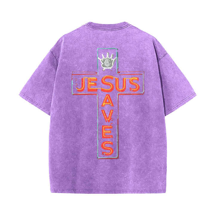 Christianartworkshop Jesus Saves Cross Graphic Unisex Washed T-Shirt - Purple - 5XL - image 15