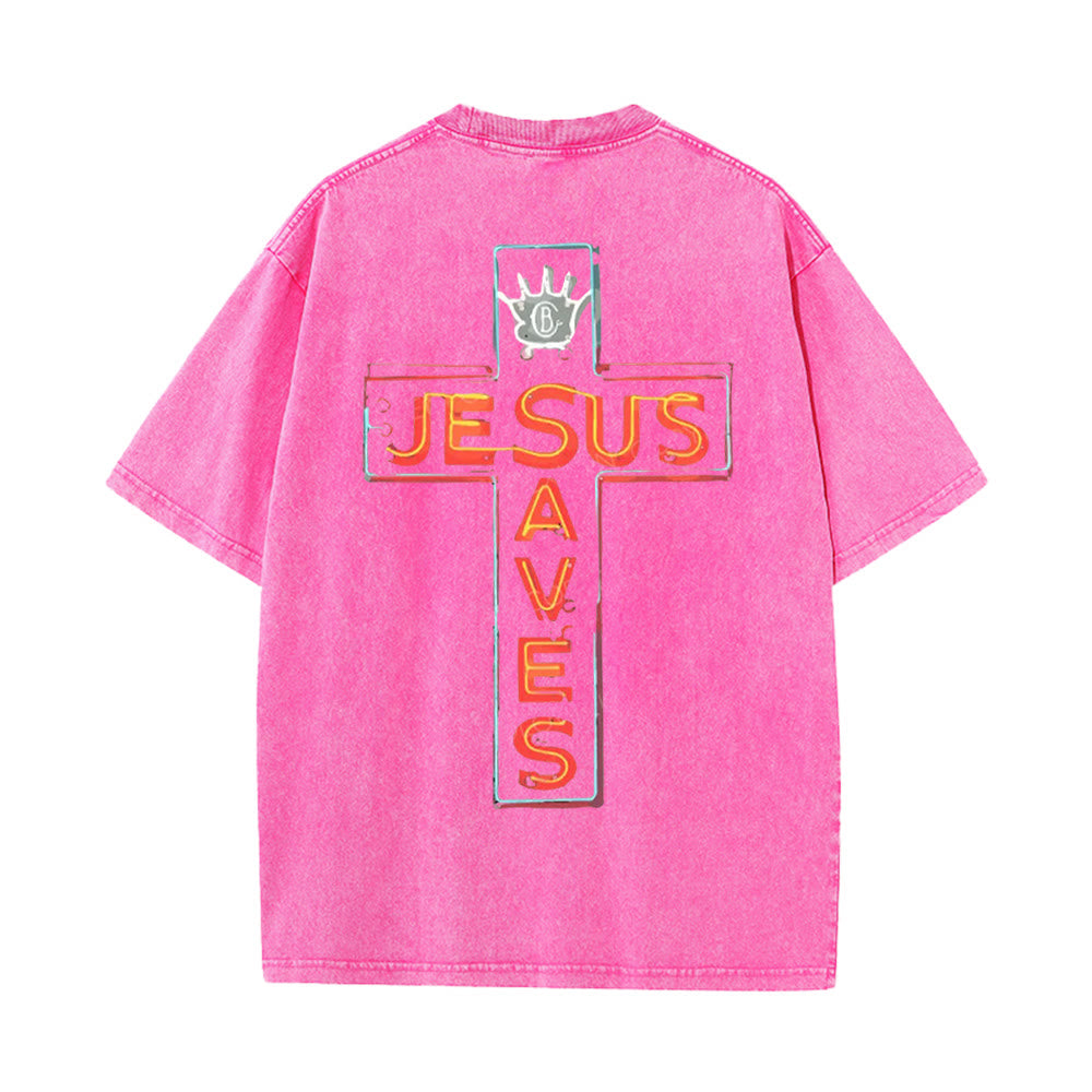 Christianartworkshop Jesus Saves Cross Graphic Unisex Washed T-Shirt - Pink - 5XL - image 10