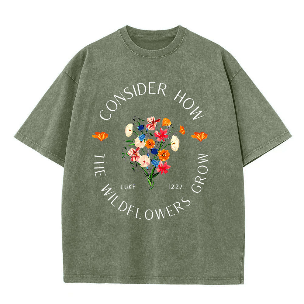 Christianartworkshop "Consider How The Wildflowers Grow" Unisex Washed T-Shirt - Army Green - 5XL - image 5