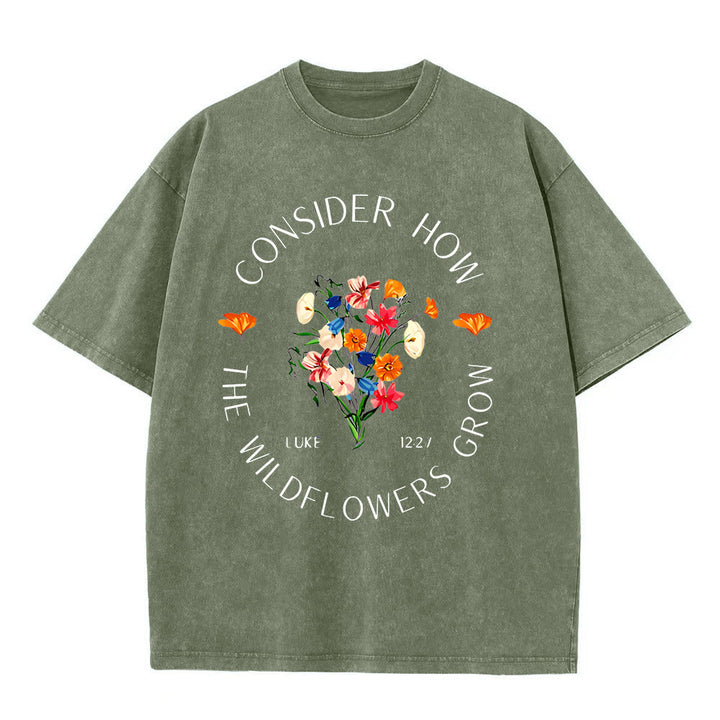 Christianartworkshop "Consider How The Wildflowers Grow" Unisex Washed T-Shirt - Army Green - 5XL - image 5