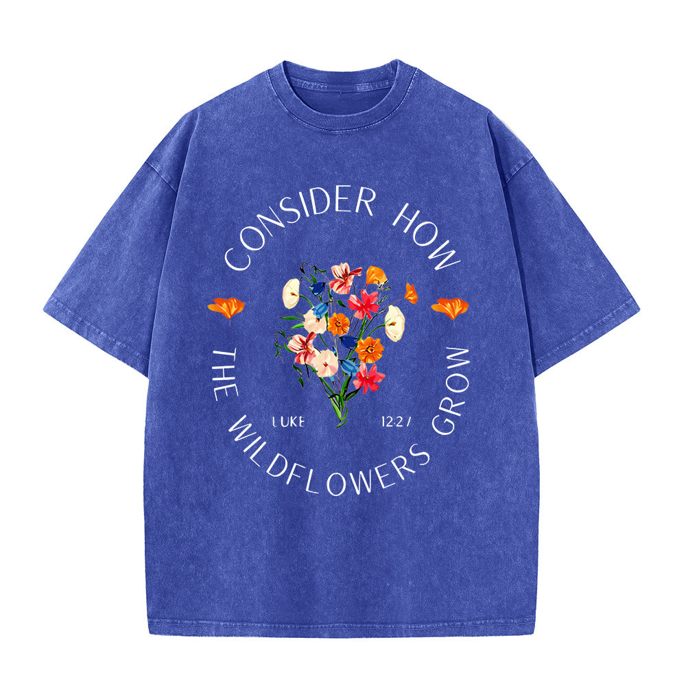 Christianartworkshop "Consider How The Wildflowers Grow" Unisex Washed T-Shirt - Blue - 5XL - image 3