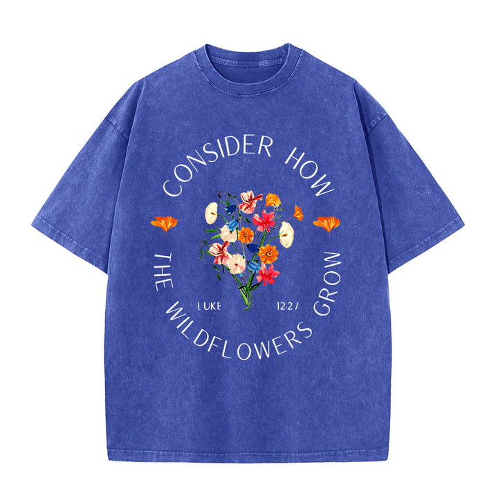 Christianartworkshop "Consider How The Wildflowers Grow" Unisex Washed T-Shirt - Blue - 5XL - image 3