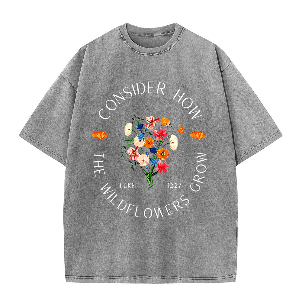Christianartworkshop "Consider How The Wildflowers Grow" Unisex Washed T-Shirt - Grey - 5XL - image 4
