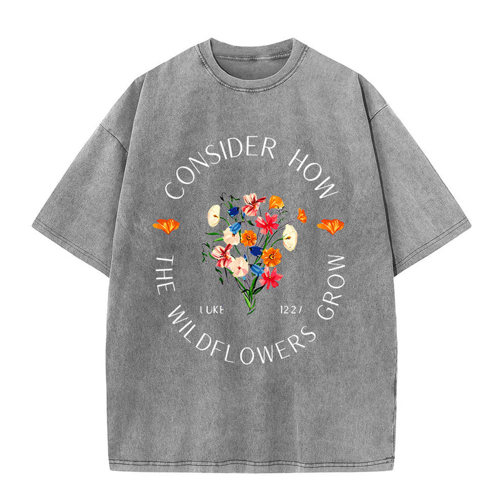 Christianartworkshop "Consider How The Wildflowers Grow" Unisex Washed T-Shirt - Grey - 5XL - image 4