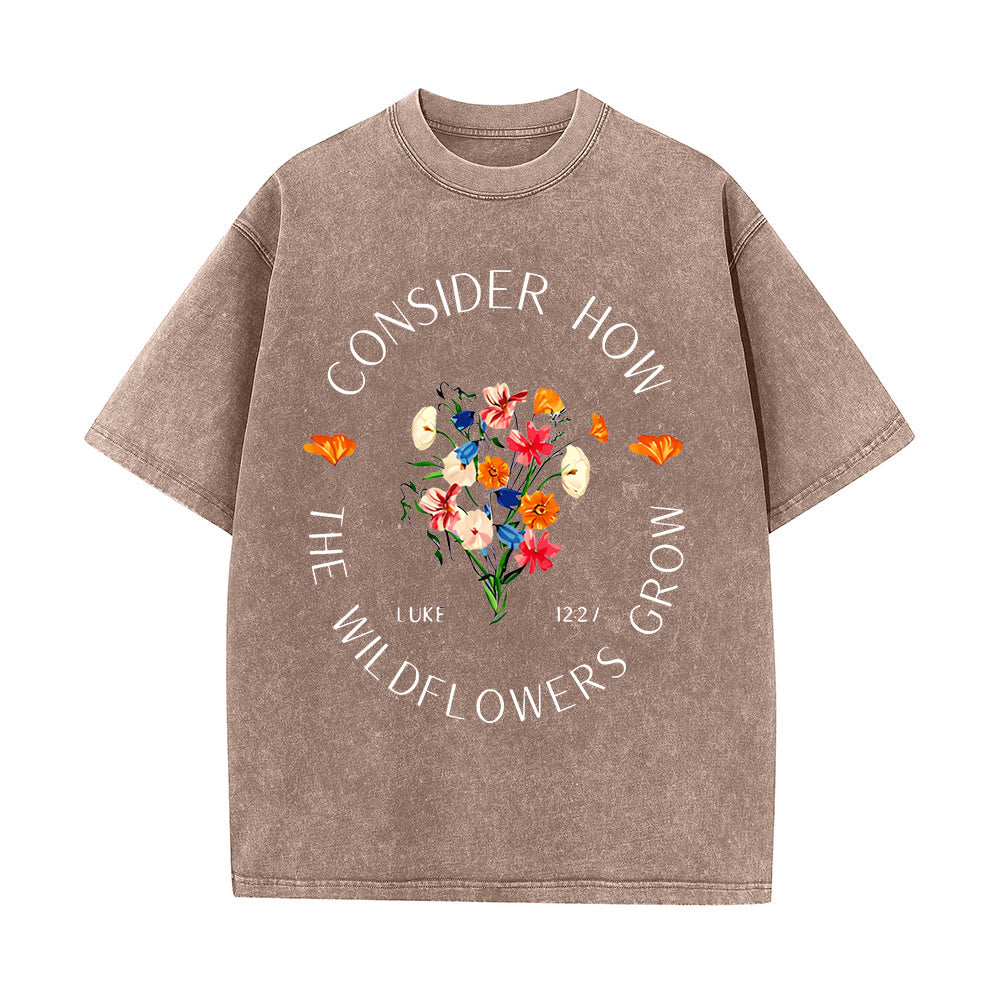Christianartworkshop "Consider How The Wildflowers Grow" Unisex Washed T-Shirt - Coffee - 5XL - image 6
