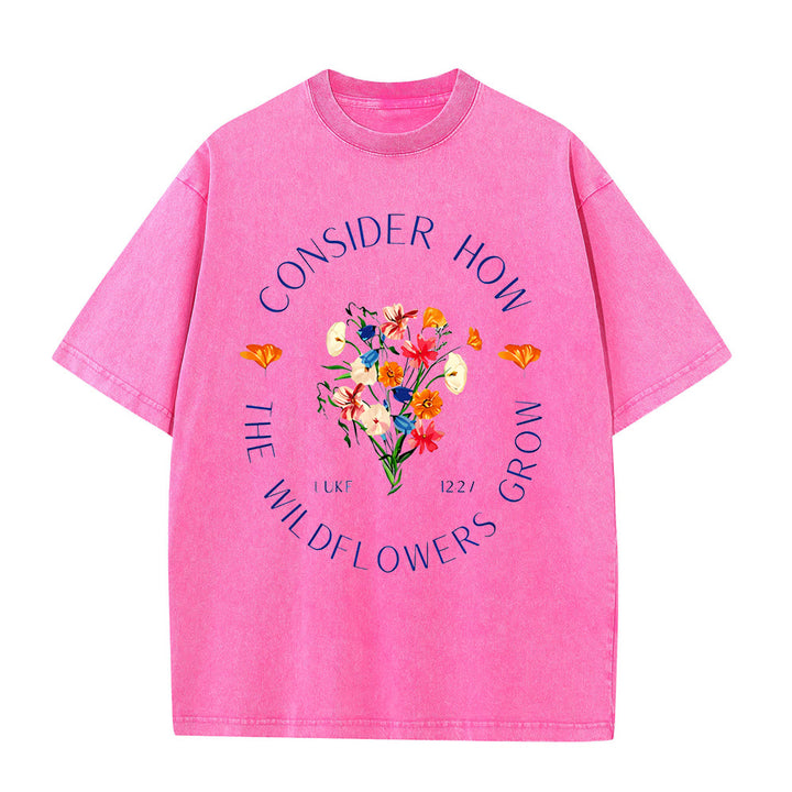 Christianartworkshop "Consider How The Wildflowers Grow" Unisex Washed T-Shirt - Pink - 5XL - image 7