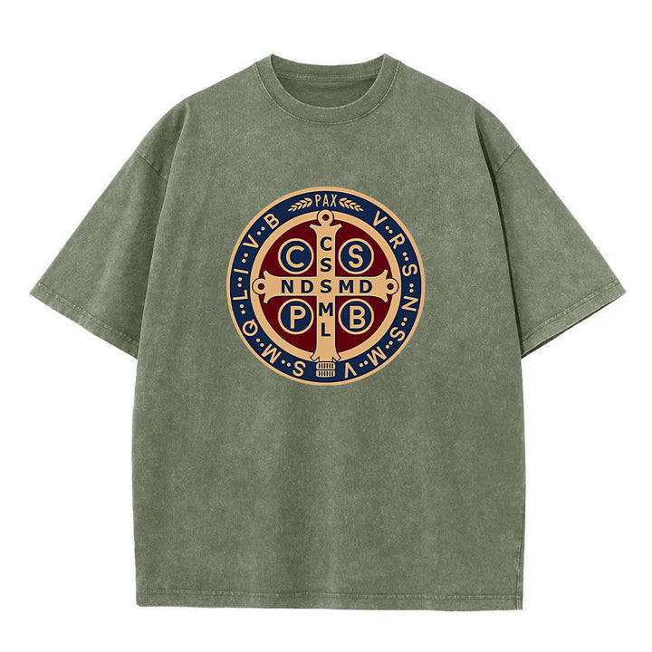 Christianartworkshop St. Benedict Medal Holy Cross Unisex Washed T-Shirt - Army Green - 5XL - image 6