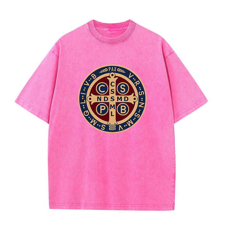 Christianartworkshop St. Benedict Medal Holy Cross Unisex Washed T-Shirt - Pink - 5XL - image 7