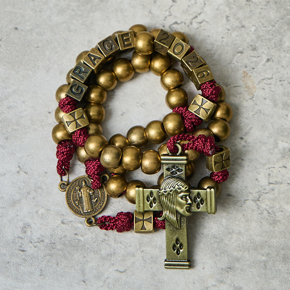 Christianartworkshop Grace & Year Bronze Red St. Benedict Rosary: 2026 Commemorative Beads with Custom Initials - image 2