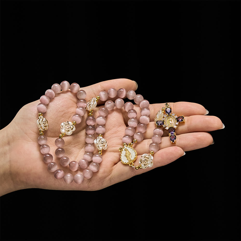 Christianartworkshop Cat's Eye & Rose Devotion Rosary in Lavender & Pink: Holy Mother Centerpiece for Gentle Prayer - image 1