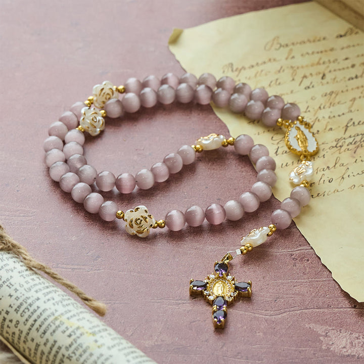 Christianartworkshop Soft Pink Cat's Eye Rosary with White Rose Beads and Holy Mother Emblem - image 12