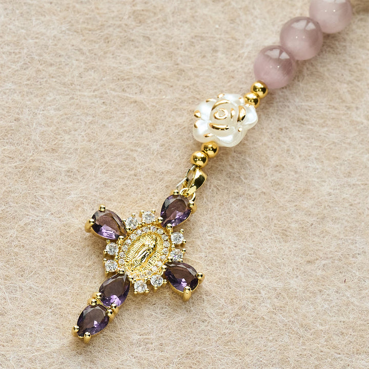 Christianartworkshop Soft Pink Cat's Eye Rosary with White Rose Beads and Holy Mother Emblem - image 14