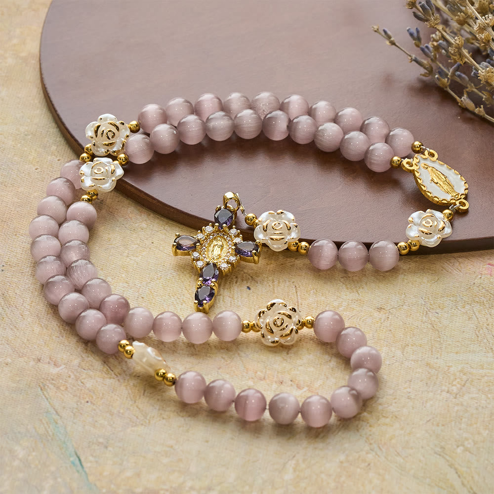 Christianartworkshop Soft Pink Cat's Eye Rosary with White Rose Beads and Holy Mother Emblem - image 13