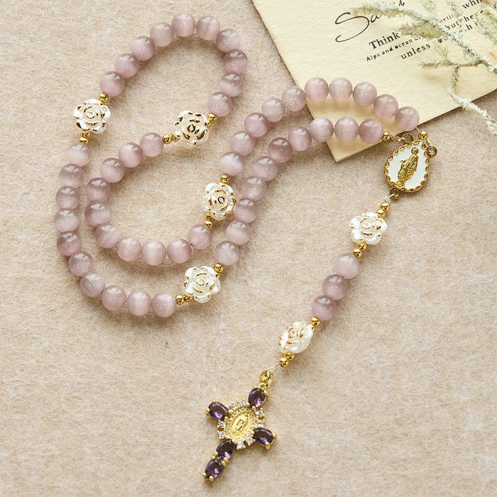 Christianartworkshop Cat's Eye & Rose Devotion Rosary in Lavender & Pink: Holy Mother Centerpiece for Gentle Prayer - image 2