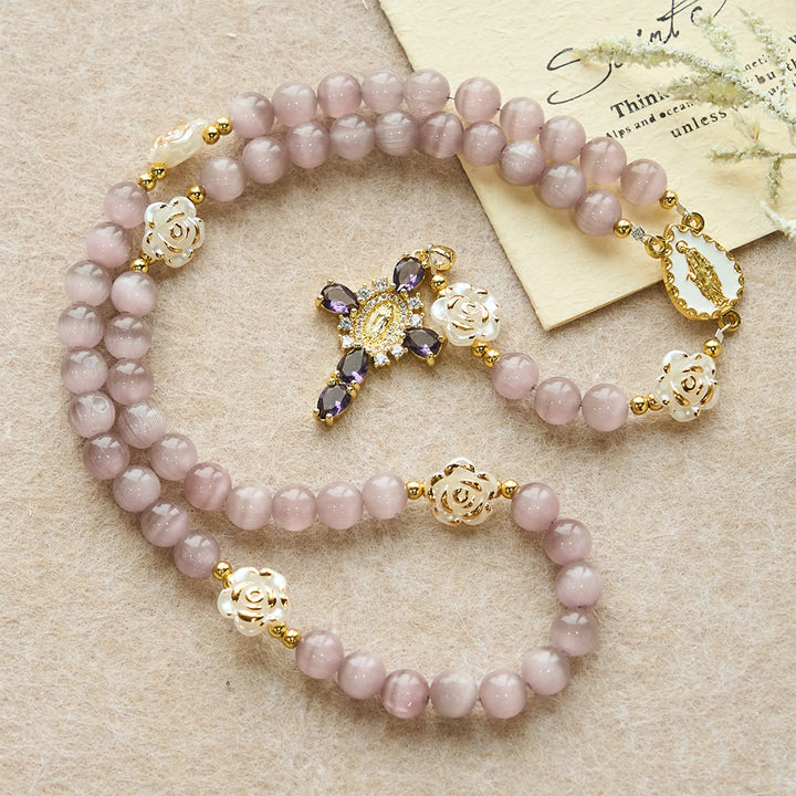 Christianartworkshop Soft Pink Cat's Eye Rosary with White Rose Beads and Holy Mother Emblem - image 11
