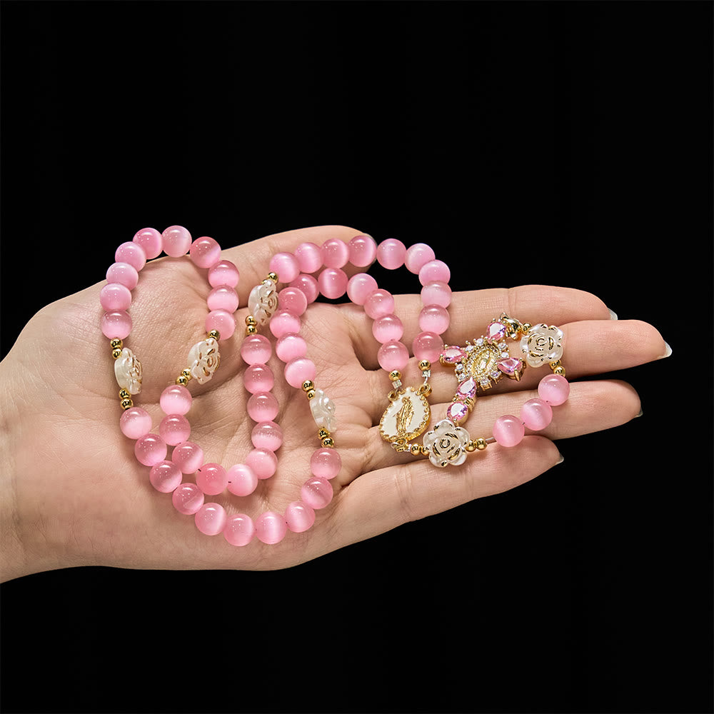Christianartworkshop Soft Pink Cat's Eye Rosary with White Rose Beads and Holy Mother Emblem - image 1