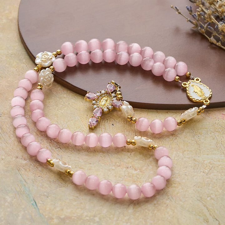 Christianartworkshop Cat's Eye & Rose Devotion Rosary in Lavender & Pink: Holy Mother Centerpiece for Gentle Prayer - image 14