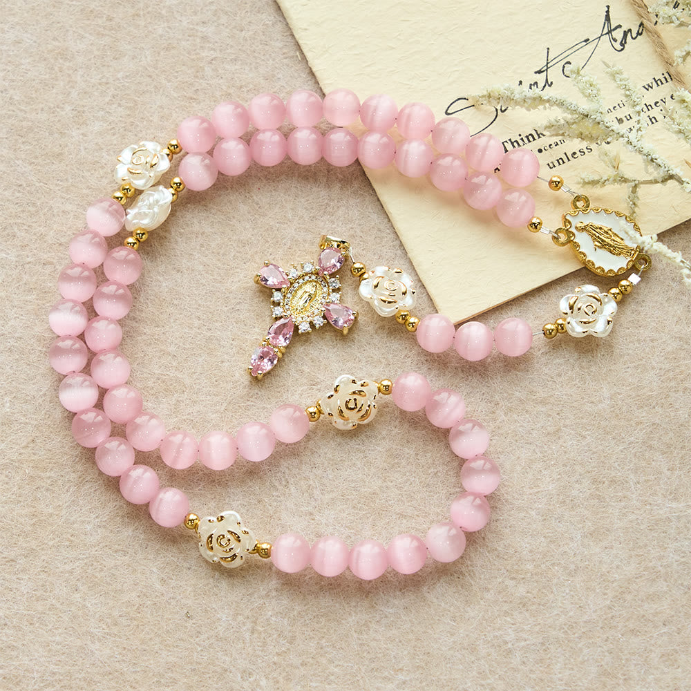 Christianartworkshop Cat's Eye & Rose Devotion Rosary in Lavender & Pink: Holy Mother Centerpiece for Gentle Prayer - image 12