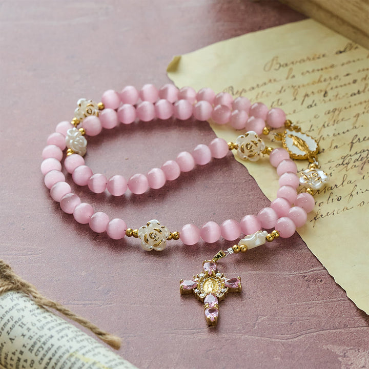 Christianartworkshop Soft Pink Cat's Eye Rosary with White Rose Beads and Holy Mother Emblem - image 4