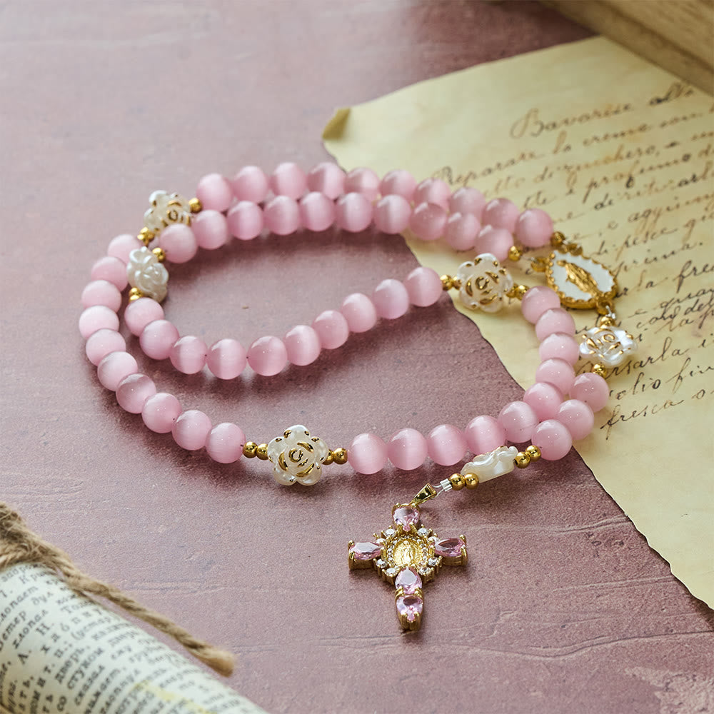 Christianartworkshop Cat's Eye & Rose Devotion Rosary in Lavender & Pink: Holy Mother Centerpiece for Gentle Prayer - image 13
