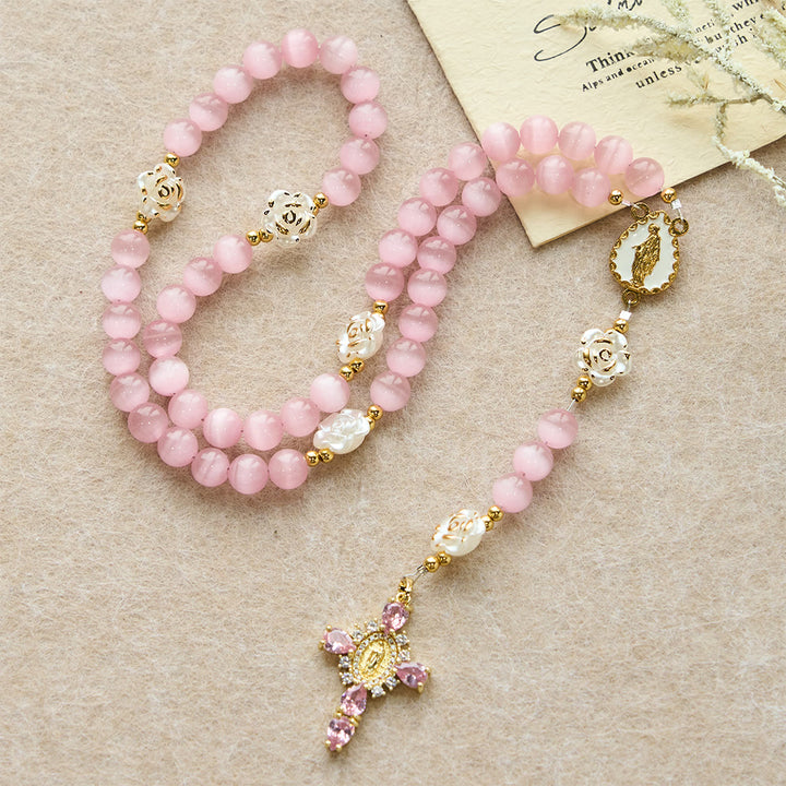 Christianartworkshop Soft Pink Cat's Eye Rosary with White Rose Beads and Holy Mother Emblem - image 2