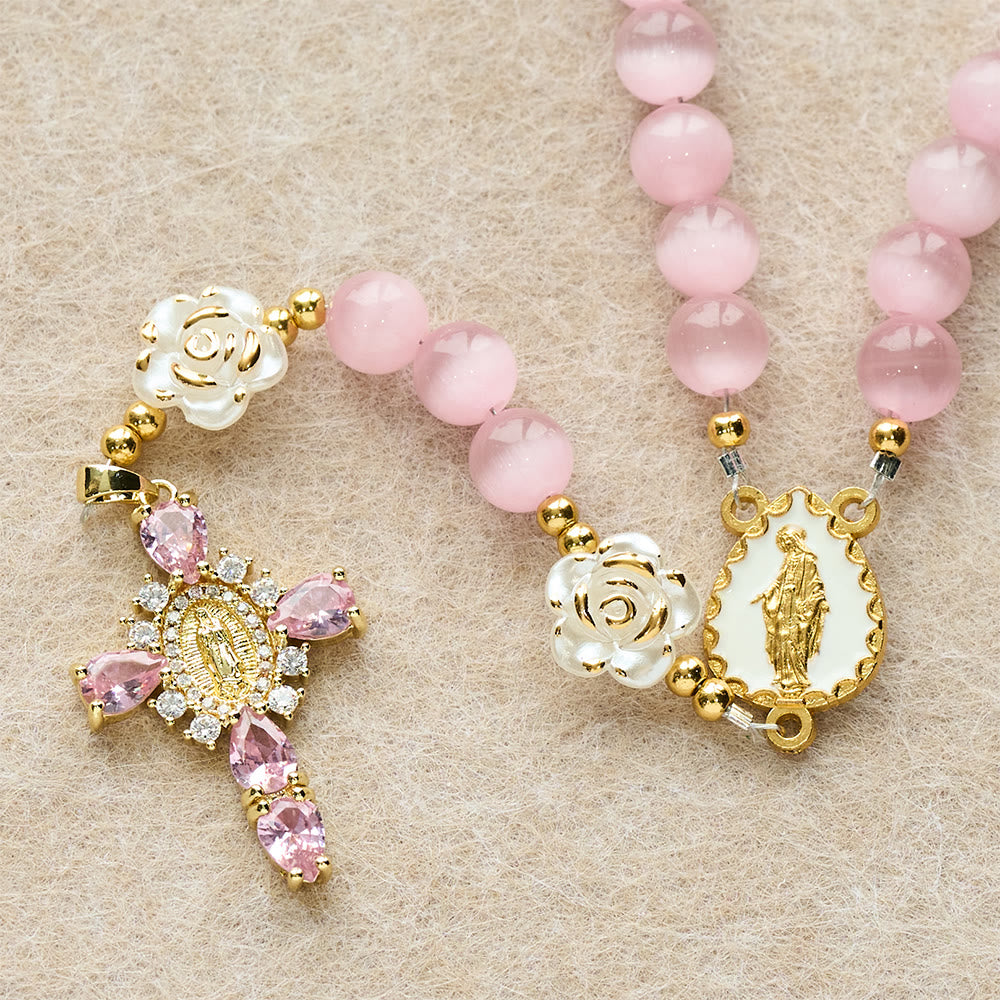 Christianartworkshop Soft Pink Cat's Eye Rosary with White Rose Beads and Holy Mother Emblem - image 6