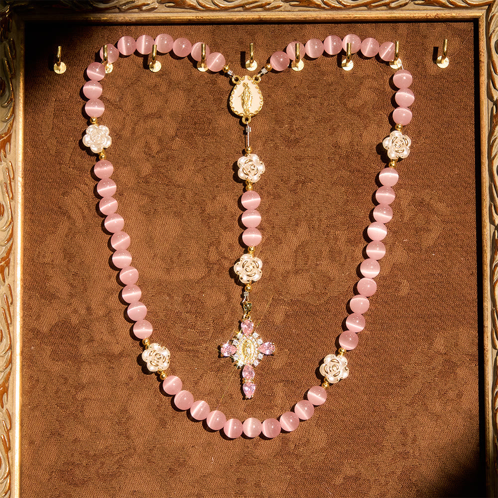 Christianartworkshop Cat's Eye & Rose Devotion Rosary in Lavender & Pink: Holy Mother Centerpiece for Gentle Prayer - Pink - image 9