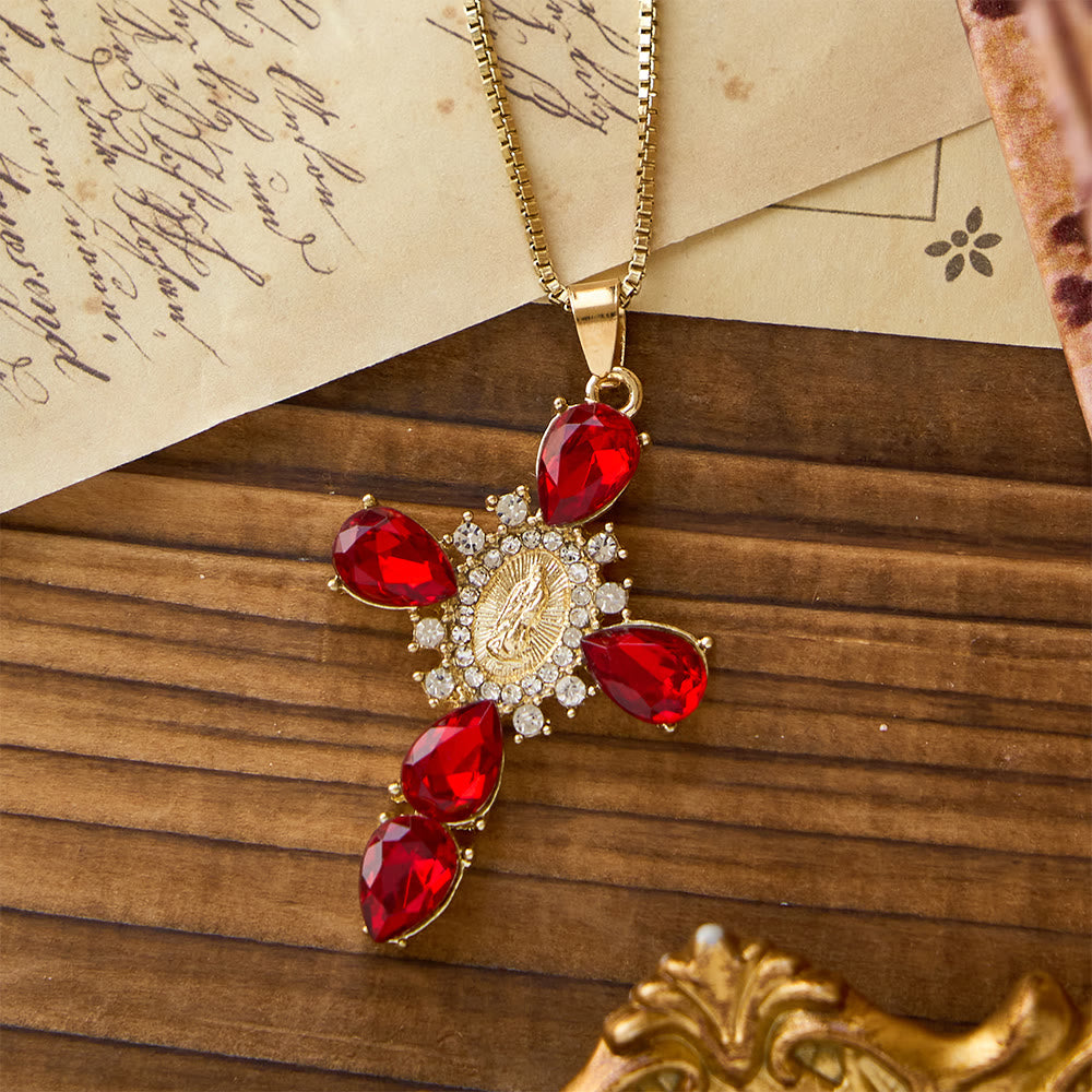 Christianartworkshop Luminous Our Lady Cross with Zircon Necklace: Warm Comfort for Faithful Hearts - Red - image 8