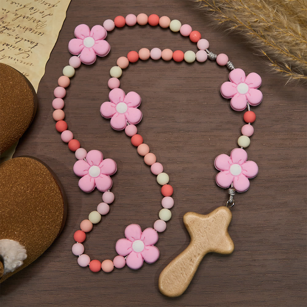 Christianartworkshop Colorful Children Rosary Beads Set: Soft Silicone Flowers in Pink Purple Blue for First Prayer - Pink - image 0