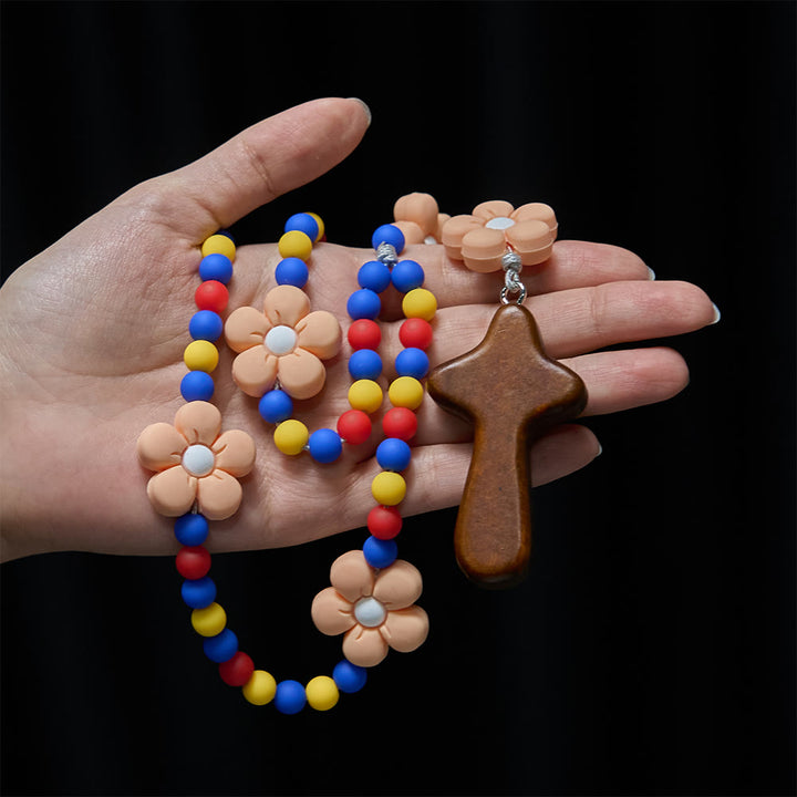 Christianartworkshop Kids Rosary with Soft Silicone Flowers: Fun Flower Design with Red Yellow Blue Palette - image 1