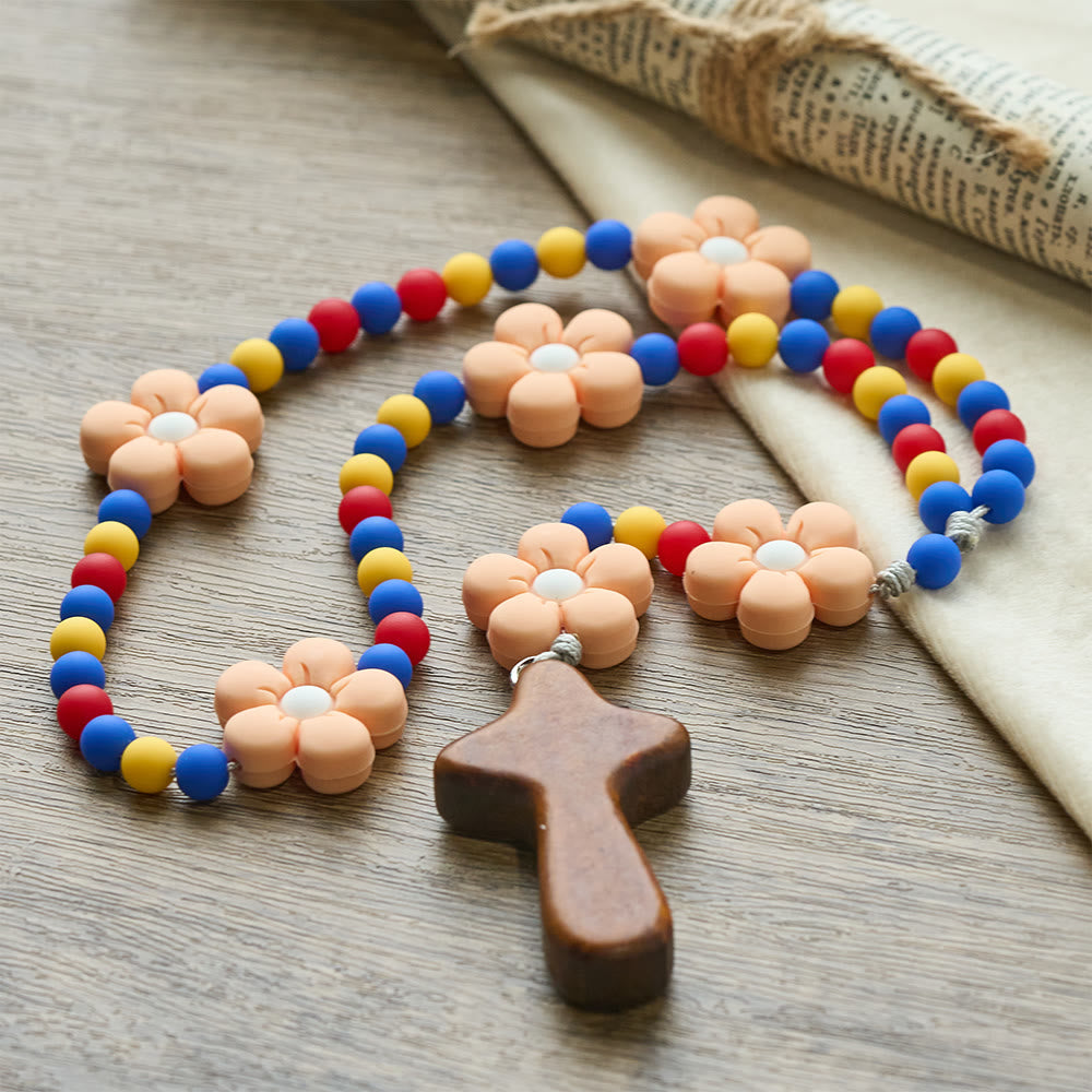 Christianartworkshop Kids Rosary with Soft Silicone Flowers: Fun Flower Design with Red Yellow Blue Palette - image 5