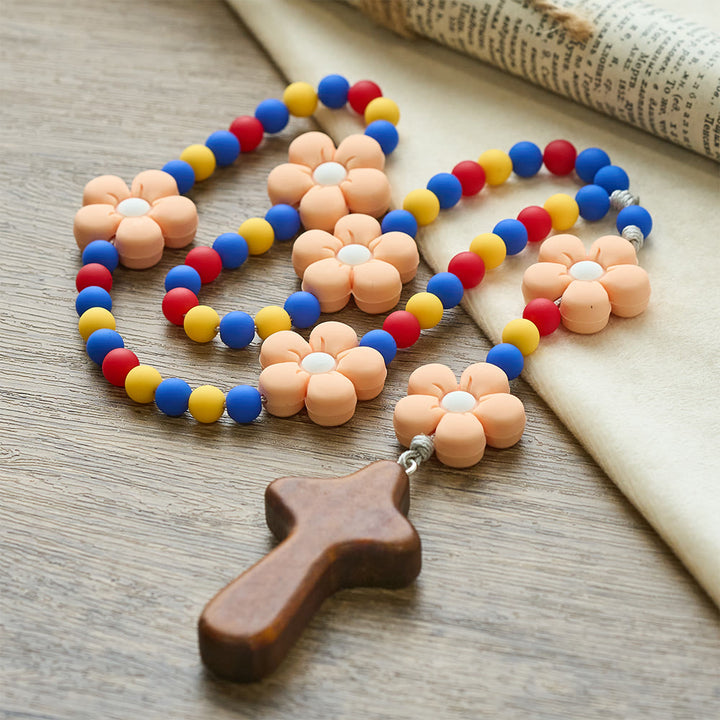 Christianartworkshop Kids Rosary with Soft Silicone Flowers: Fun Flower Design with Red Yellow Blue Palette - image 6