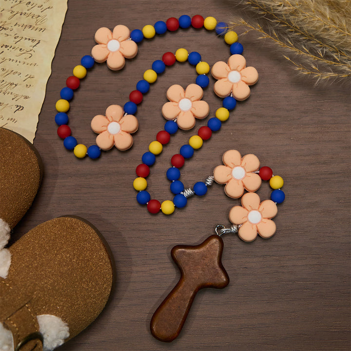 Christianartworkshop Kids Rosary with Soft Silicone Flowers: Fun Flower Design with Red Yellow Blue Palette - image 3