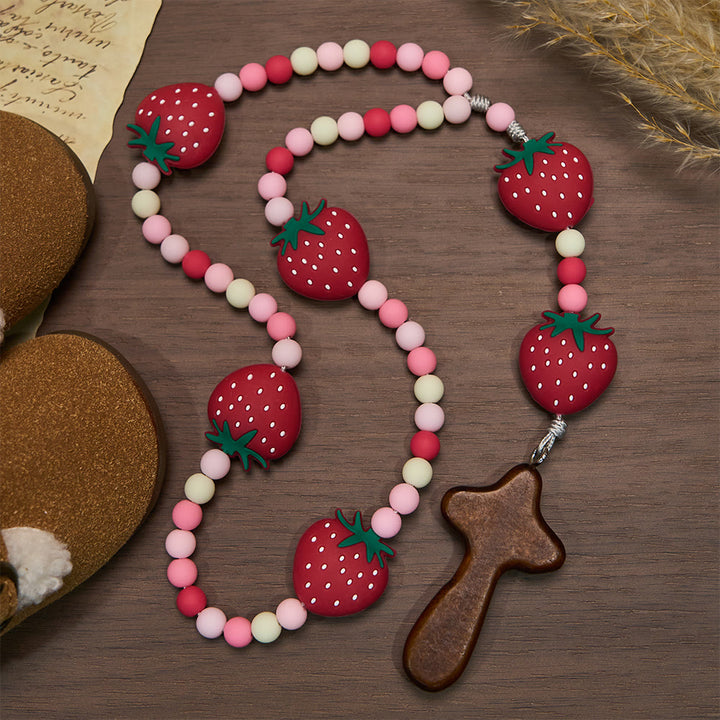 Christianartworkshop Strawberry Sweet Kids Rosary: Soft Berries & Pink White Beads for Young Believers - Strawberry - image 0